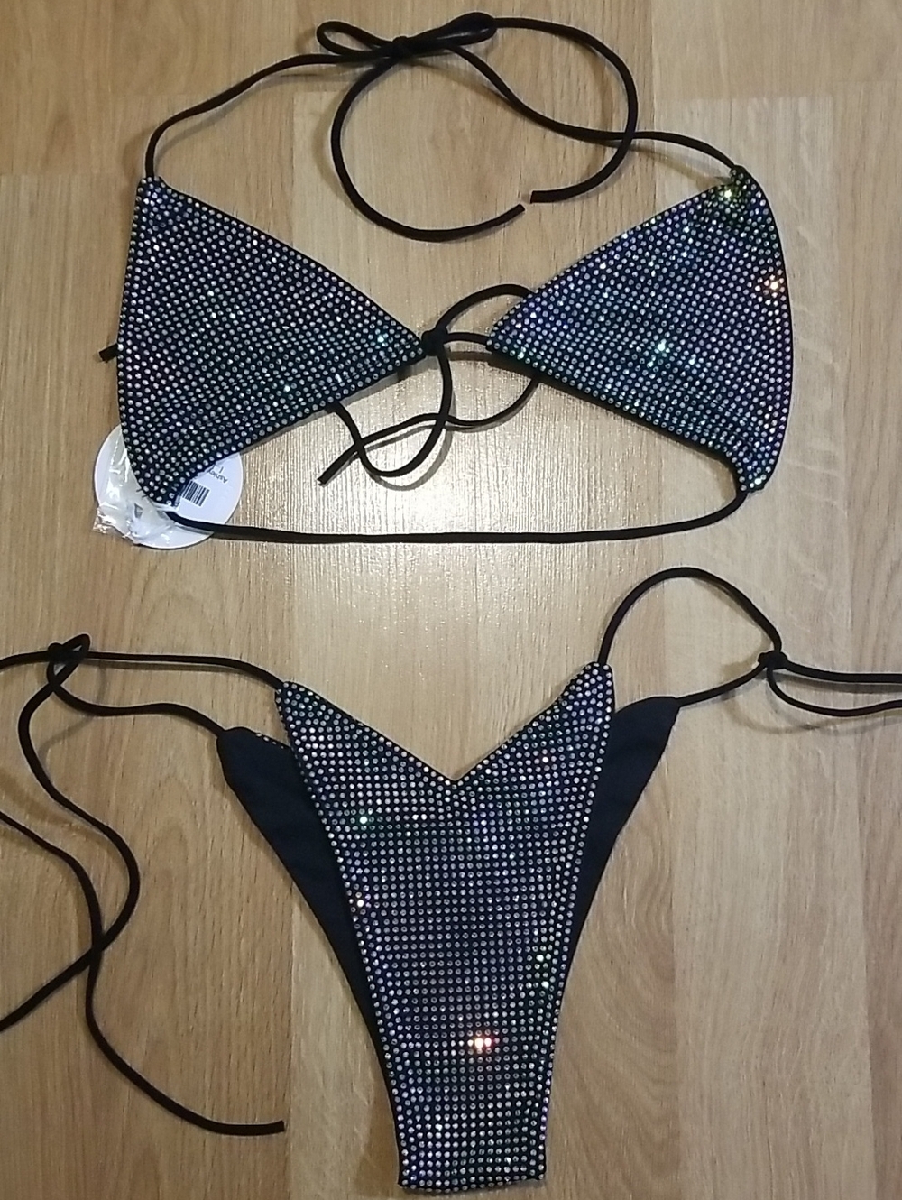 Black Rhinestone Tie-String Bikini Set - Sparkle Triangle Top & V-Front Bottom